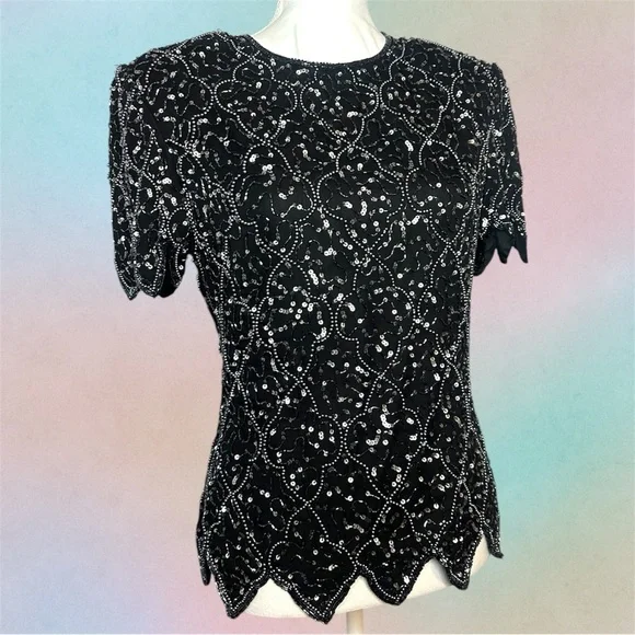 Vintage Papell Boutique Black Silk Beaded Sequin Evening Top | M - Picture 1 of 5